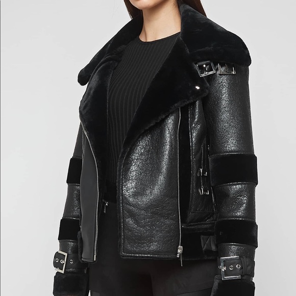 Plush Vegan-Leather Aviator Fall Jacket in Black - Picture 3 of 8